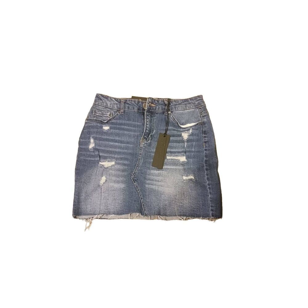 Black label New with tags denim distressed mini skirt fashion raw hem